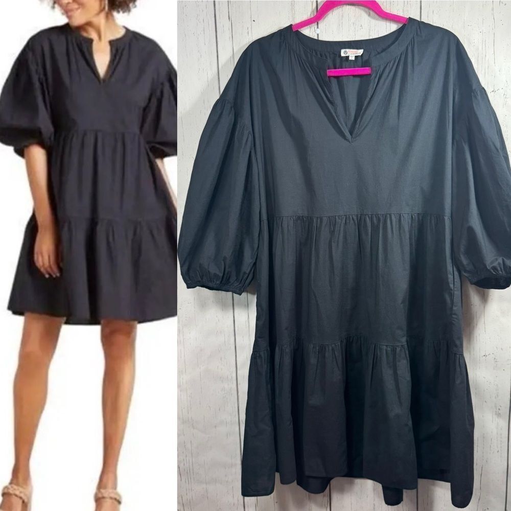 Sundry for Evereve Black Puff Sleeve Tiered Mini Dress Cotton Size XL Boho Chic